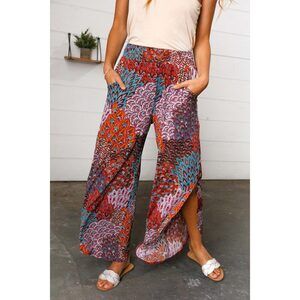Burnt Orange Geo Print Smocked Waist Slit Palazzo Pants